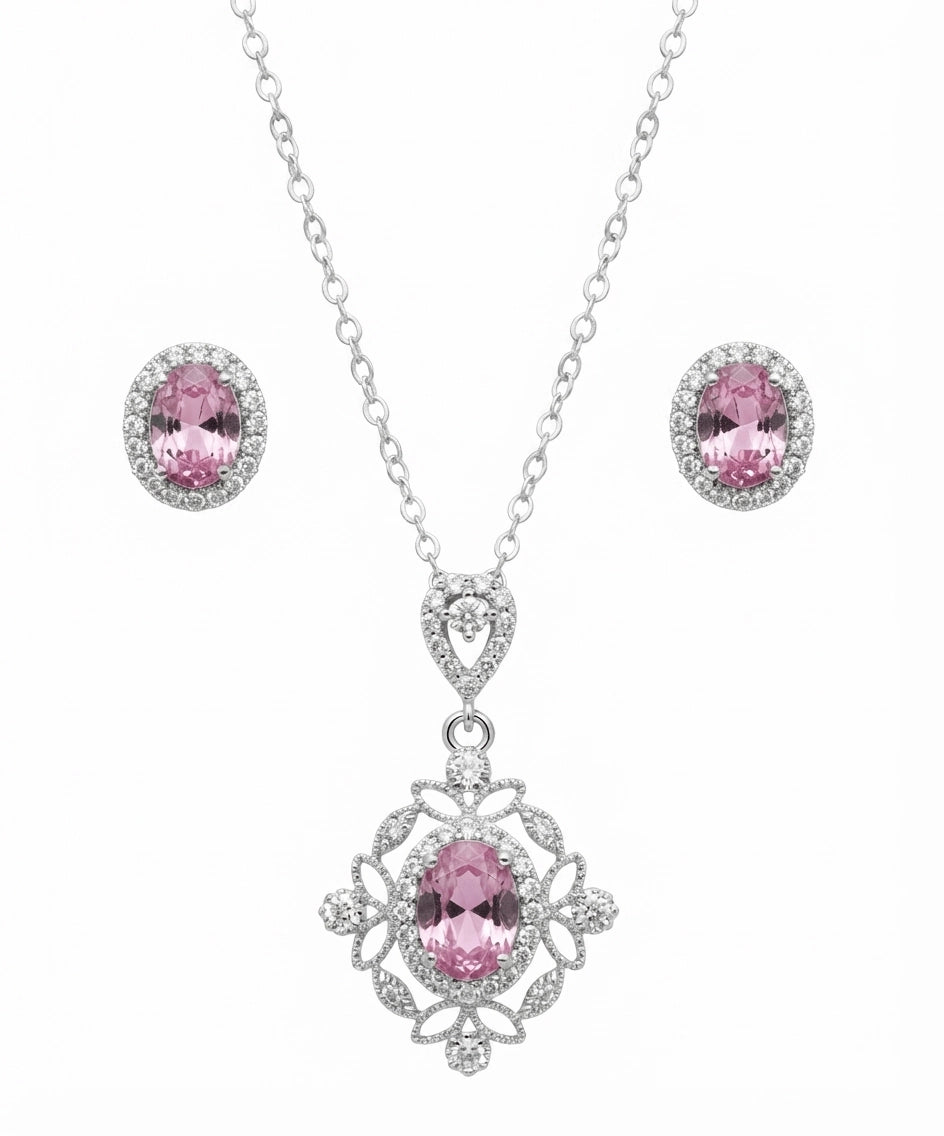Royal Pink Oval Crystal Locket & Tops Set