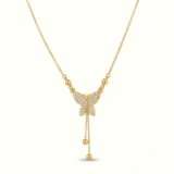 Gold butterfly necklace with diamond pave and hanging chain tassels.