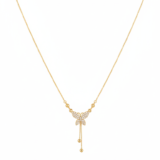 Two gold-plated necklaces with Love and Butterfly charms on a black gift box.