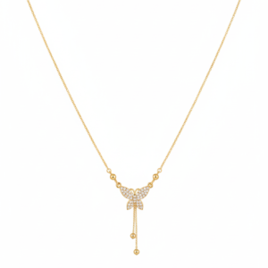 Two gold-plated necklaces with Love and Butterfly charms on a black gift box.