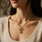 Gold bow necklace with a dangling heart pendant on a thin snake chain.