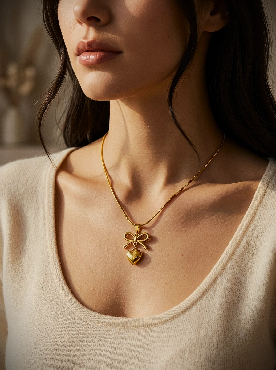 Gold bow necklace with a dangling heart pendant on a thin snake chain.