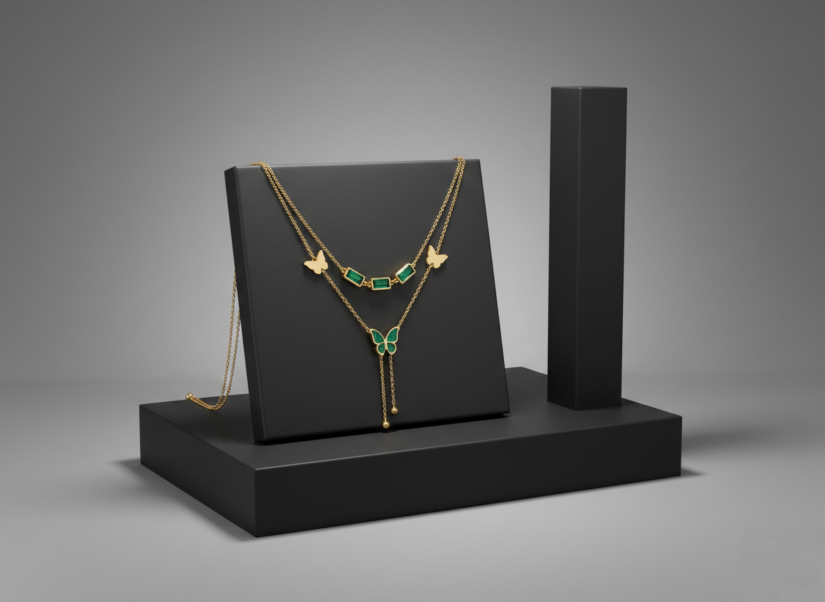 Double-Layered Butterfly & Emerald-Green Stone Necklace A gold double-layered necklace featuring green baguette-cut stones and butterfly charms on a black display stand.