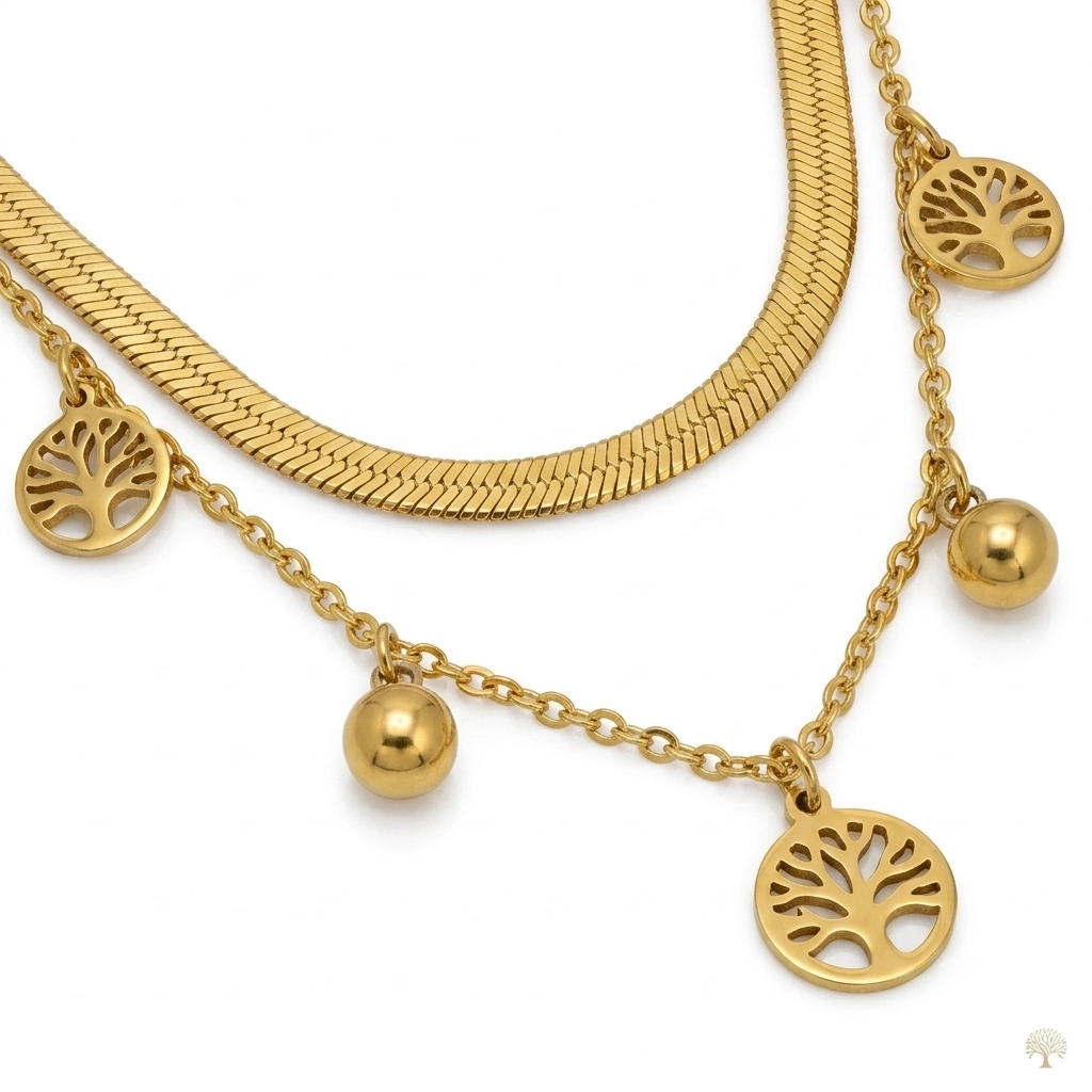 Layered gold necklace with flat herringbone chain and tree of life charms.