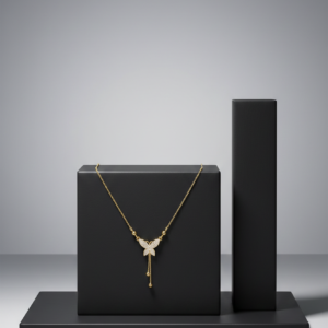 Gold butterfly necklace with hanging beads displayed on a black geometric stand.