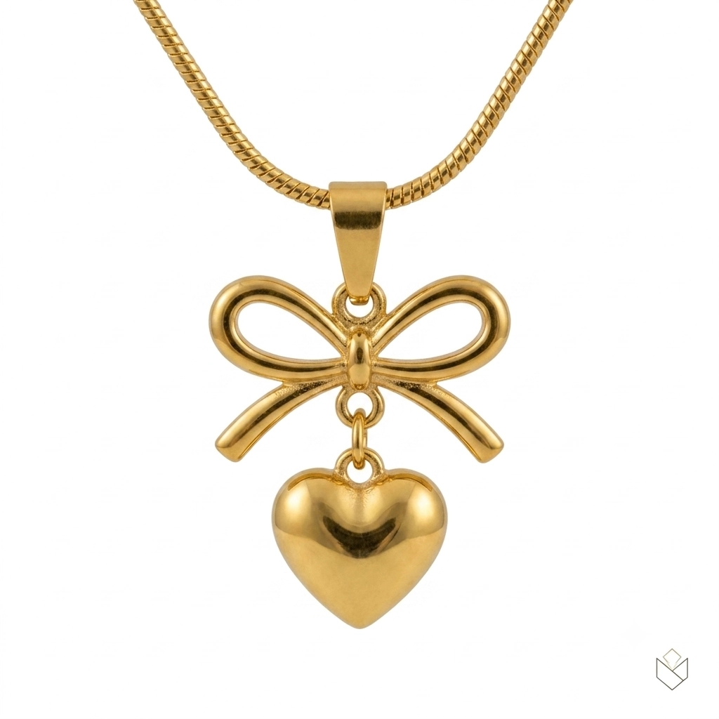 Gold bow necklace with a dangling heart pendant on a thin snake chain.