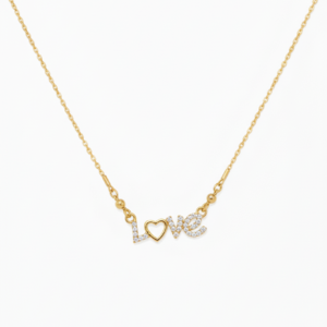 Two gold-plated necklaces with Love and Butterfly charms on a black gift box.