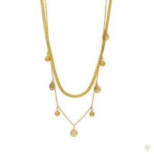 Layered gold necklace with flat herringbone chain and tree of life charms.