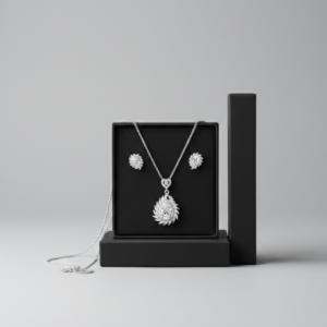 Silver necklace with a large teardrop crystal pendant and matching floral stud earrings in a black gift box.