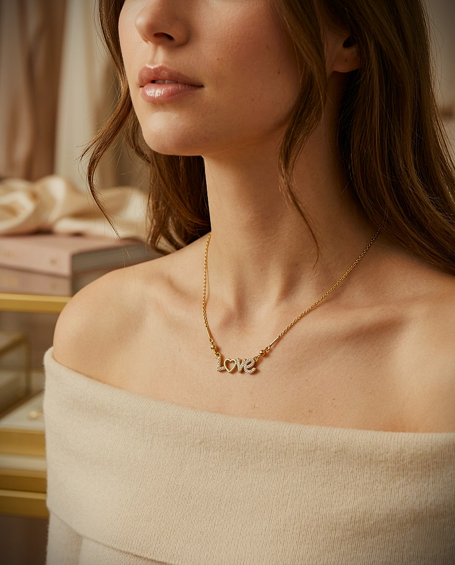 Gold script necklace spelling "Love" with a paved crystal heart as the letter O.
