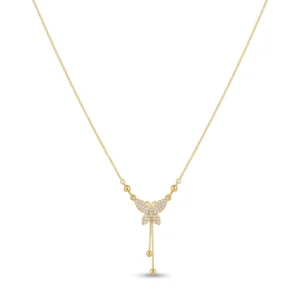 Gold butterfly necklace with diamond pave and hanging chain tassels.