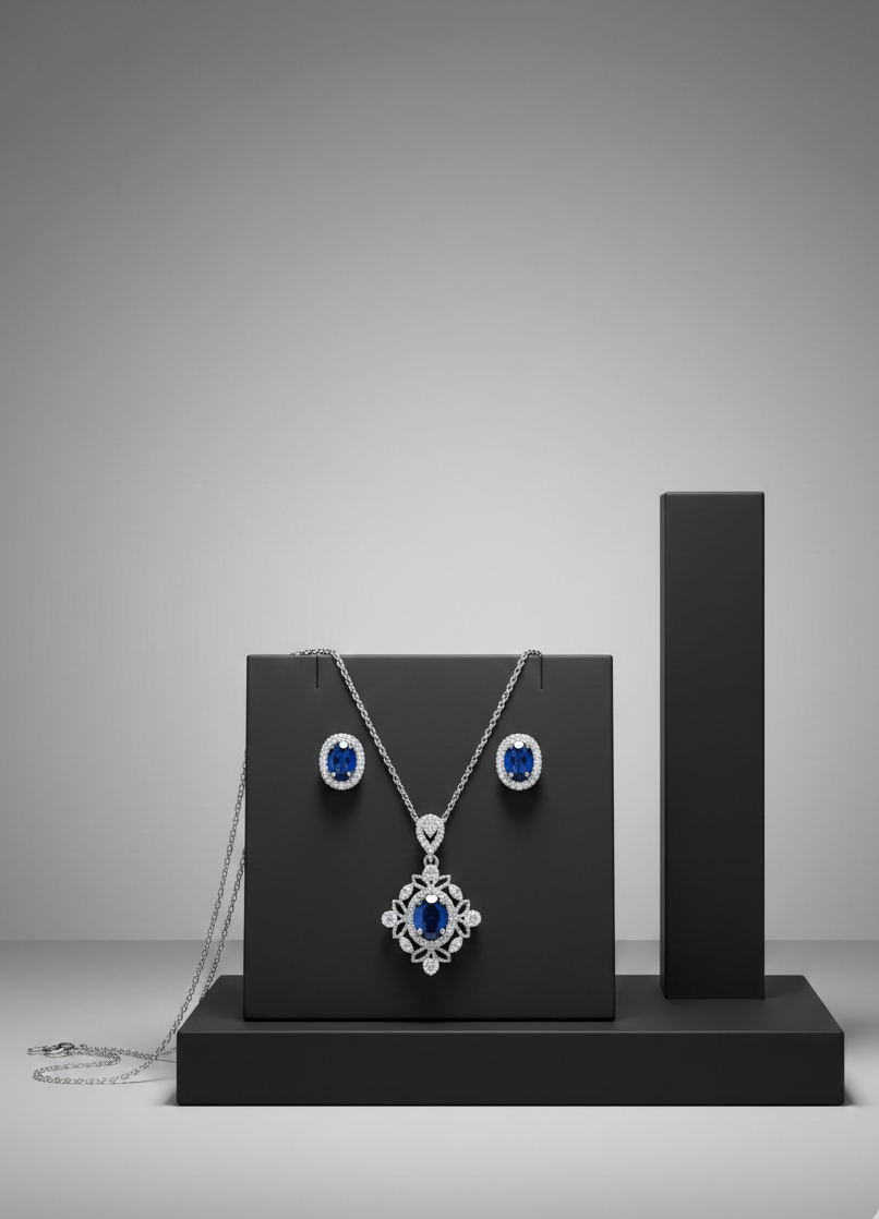 royal-blue-sapphire-jewelry-set-silver Blue sapphire pendant necklace and matching stud earrings on a black display stand.