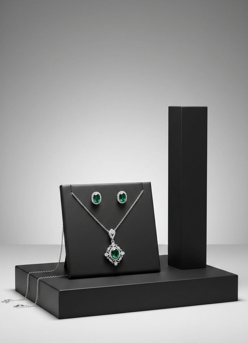 emerald-green-pendant-earrings-set Elegant emerald green gemstone pendant and matching stud earrings on a black jewelry display stand.