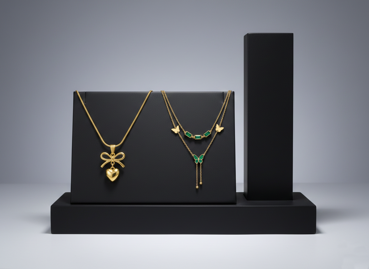 Elegant Gold Necklace Collection on Matte Black Display Gold heart bow pendant and emerald butterfly layered necklace on a black jewelry stand.
