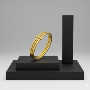 A luxury gold-finish triple-band bracelet displayed on a modern black geometric pedestal.
