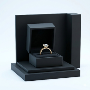 Premium gold-plated stainless steel solitaire ring with screw motif on black display stand.