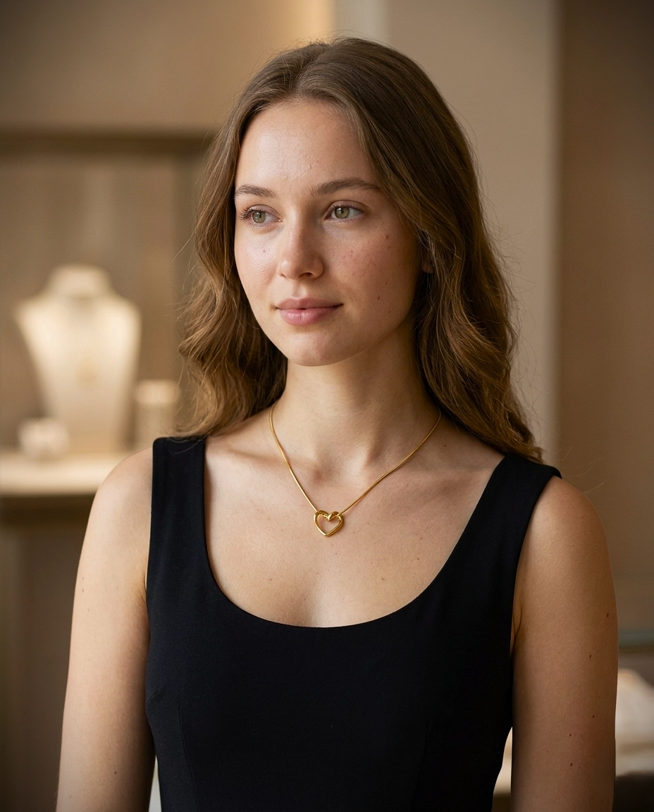 Gold open-heart pendant necklace with a knotted snake chain.