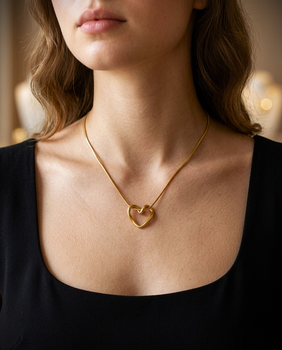 Gold open-heart pendant necklace with a knotted snake chain.