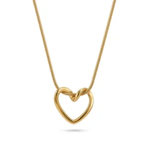 Gold open-heart pendant necklace with a knotted snake chain.