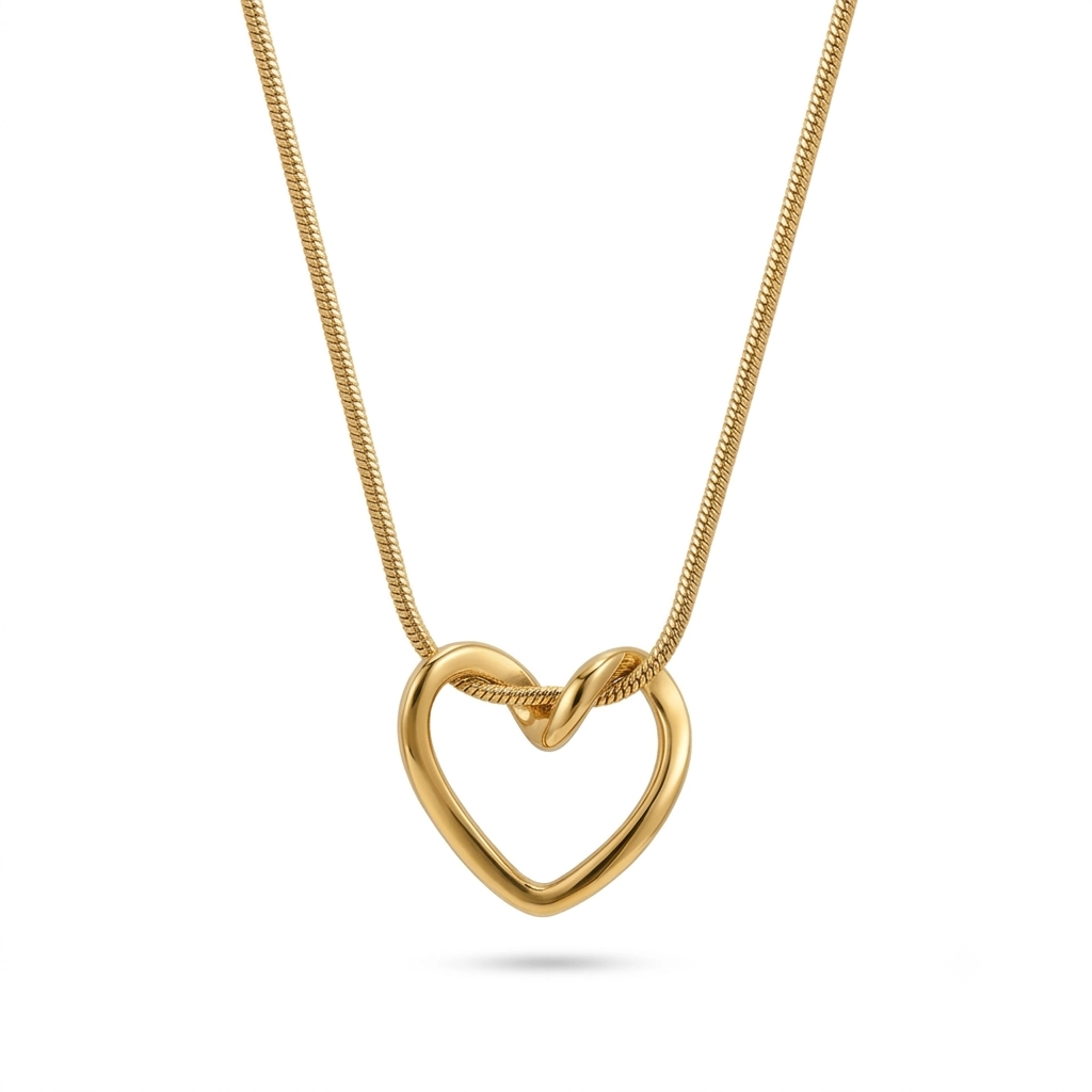 Gold open-heart pendant necklace with a knotted snake chain.
