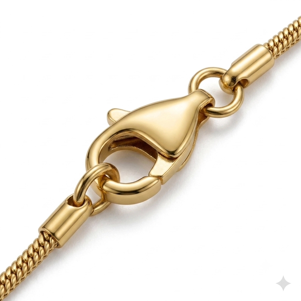 Close-up of a gold bar pendant on a thick snake chain.