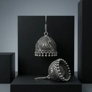 Vintage oxidized silver jhumka earrings with paisley detailing