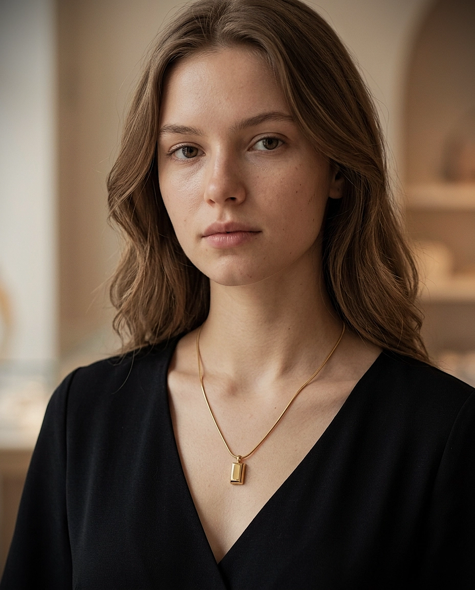 Front view of a minimalist gold bar necklace on a white background.