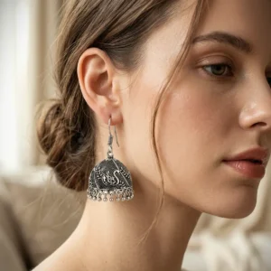 Vintage oxidized silver jhumka earrings with paisley detailing