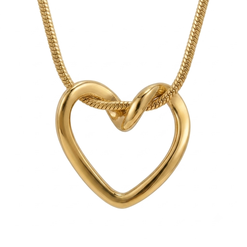 Gold open-heart pendant necklace with a knotted snake chain.