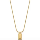Front view of a minimalist gold bar necklace on a white background.