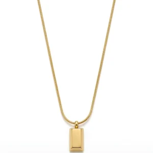 Front view of a minimalist gold bar necklace on a white background.