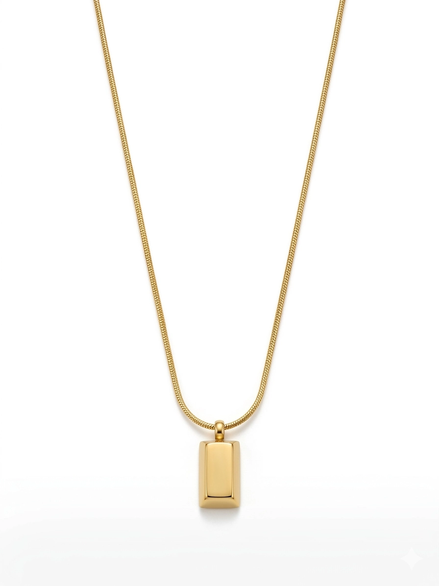 Front view of a minimalist gold bar necklace on a white background.